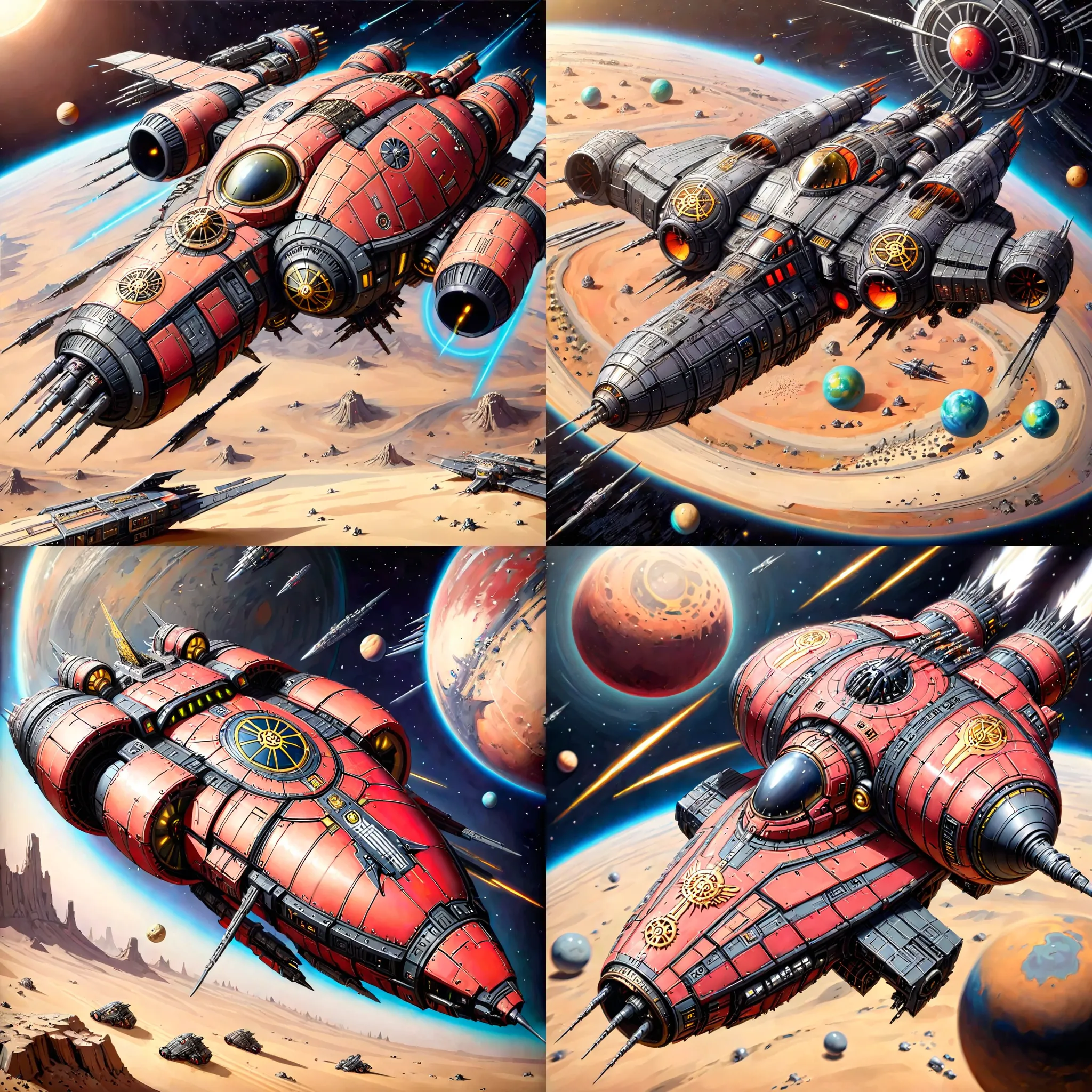 Futuristic, metallic, long, ultra-modern, spaceship, orbiting a desert planet with Mechanicus LoRA