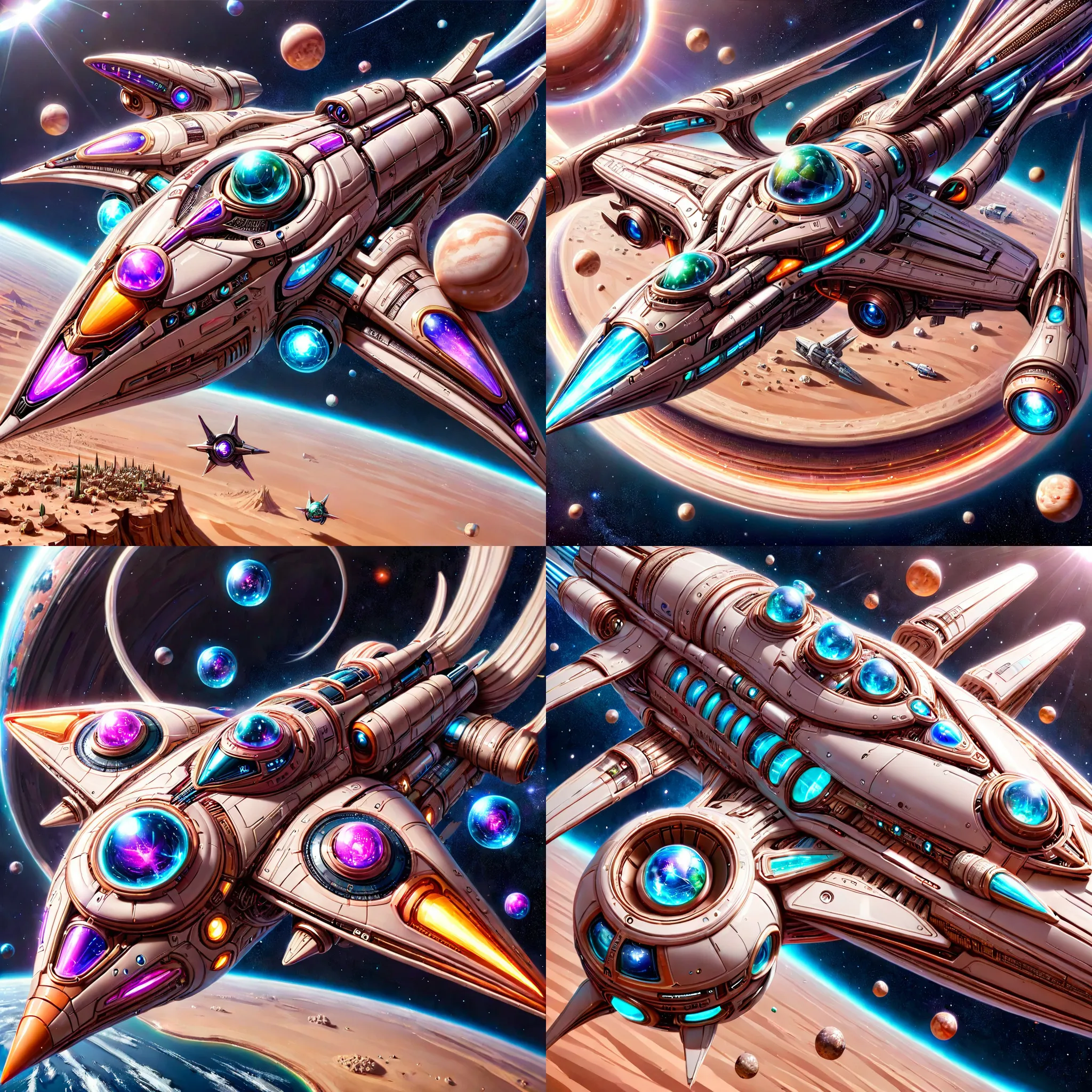 Futuristic, metallic, long, ultra-modern, spaceship, orbiting a desert planet with Wizard Core LoRA