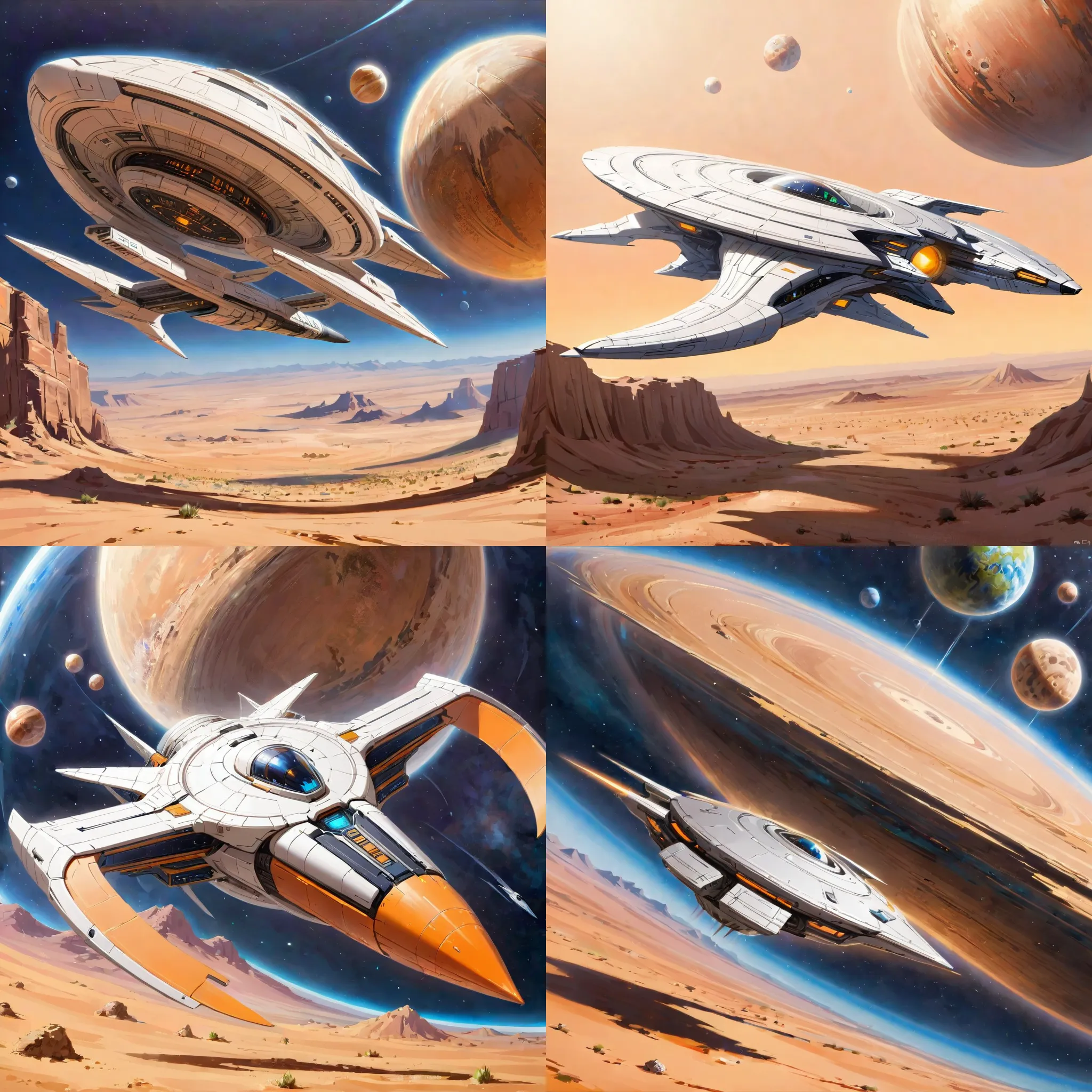 Futuristic, metallic, long, ultra-modern, spaceship, orbiting a desert planet with Water color LoRA