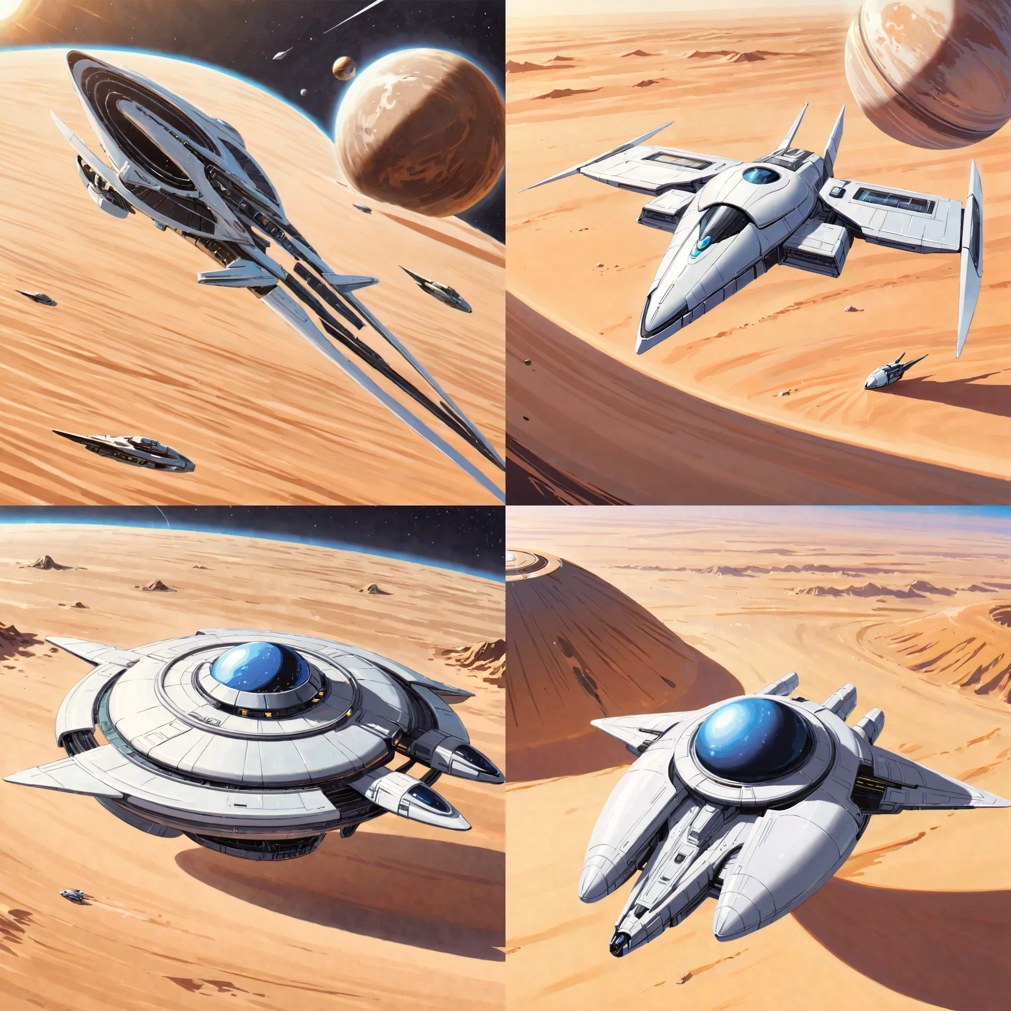 Futuristic, metallic, long, ultra-modern, spaceship, orbiting a desert planet with Ink Drawing LoRA