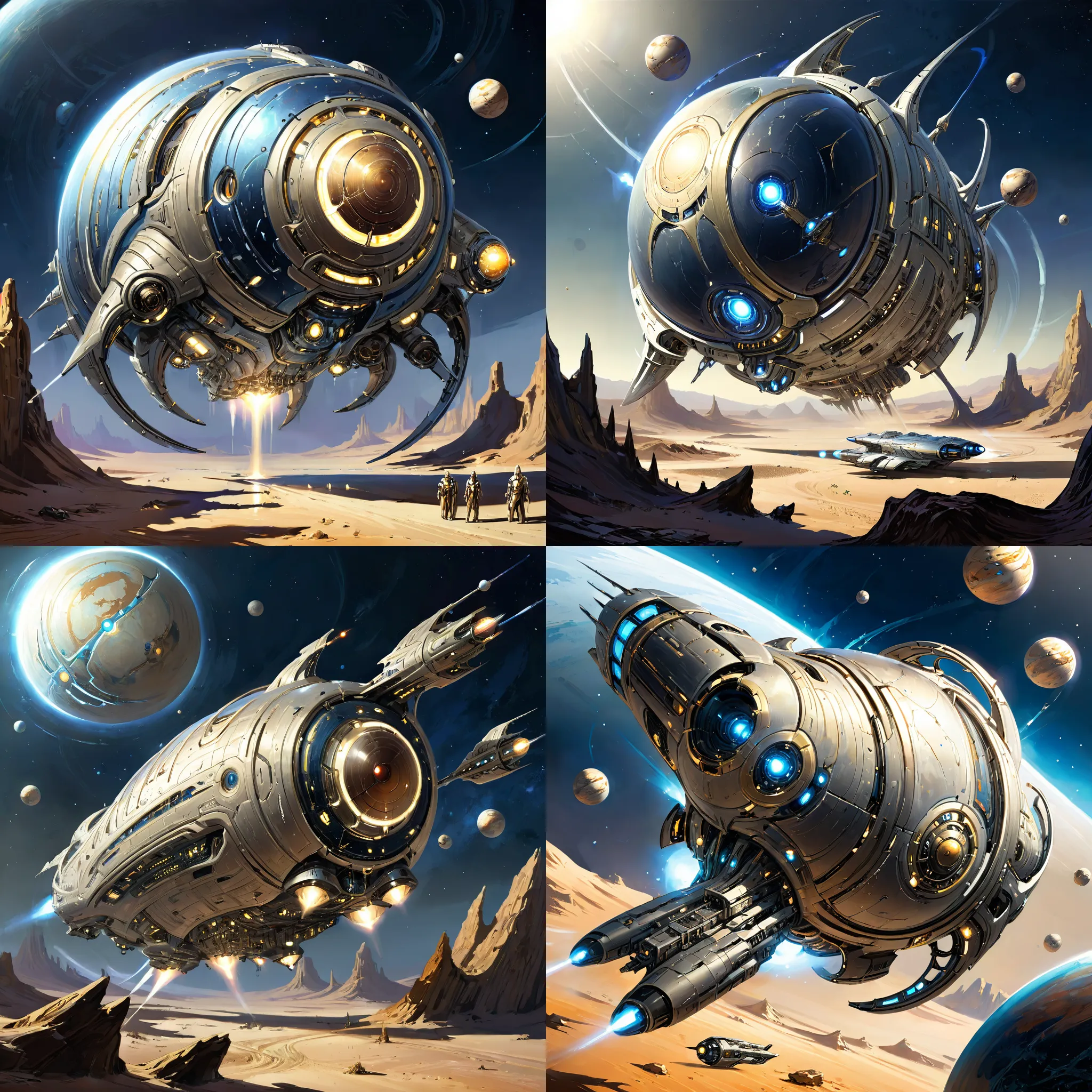 Futuristic, metallic, long, ultra-modern, spaceship, orbiting a desert planet with Aether Punk LoRA