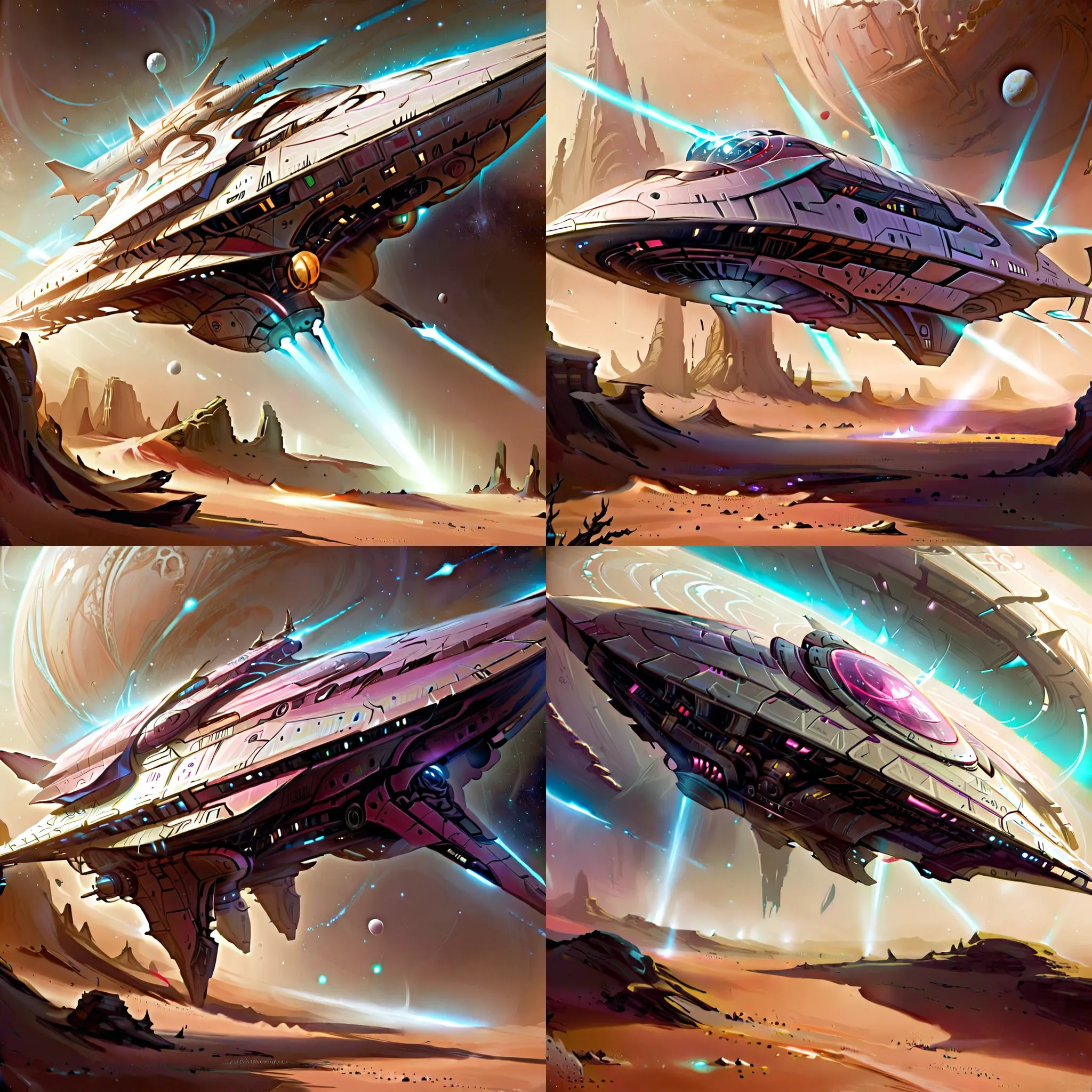 Futuristic, metallic, long, ultra-modern, spaceship, orbiting a desert planet with Magic LoRA