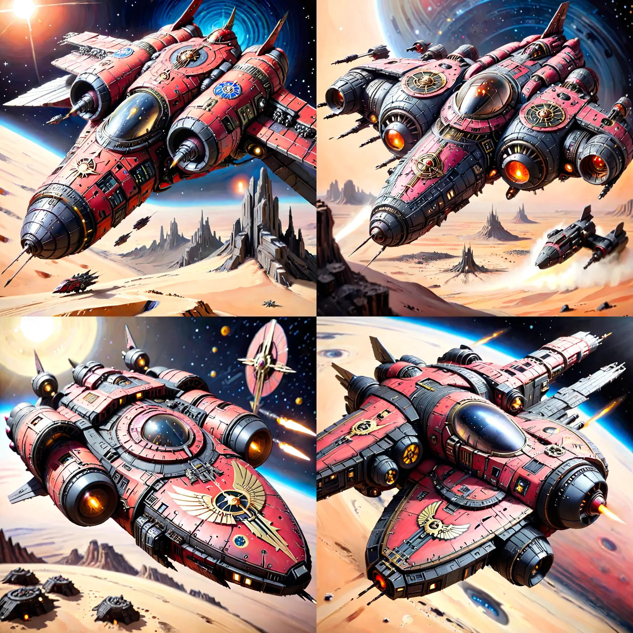 Futuristic, metallic, long, ultra-modern, spaceship, orbiting a desert planet with Mechanicus LoRA