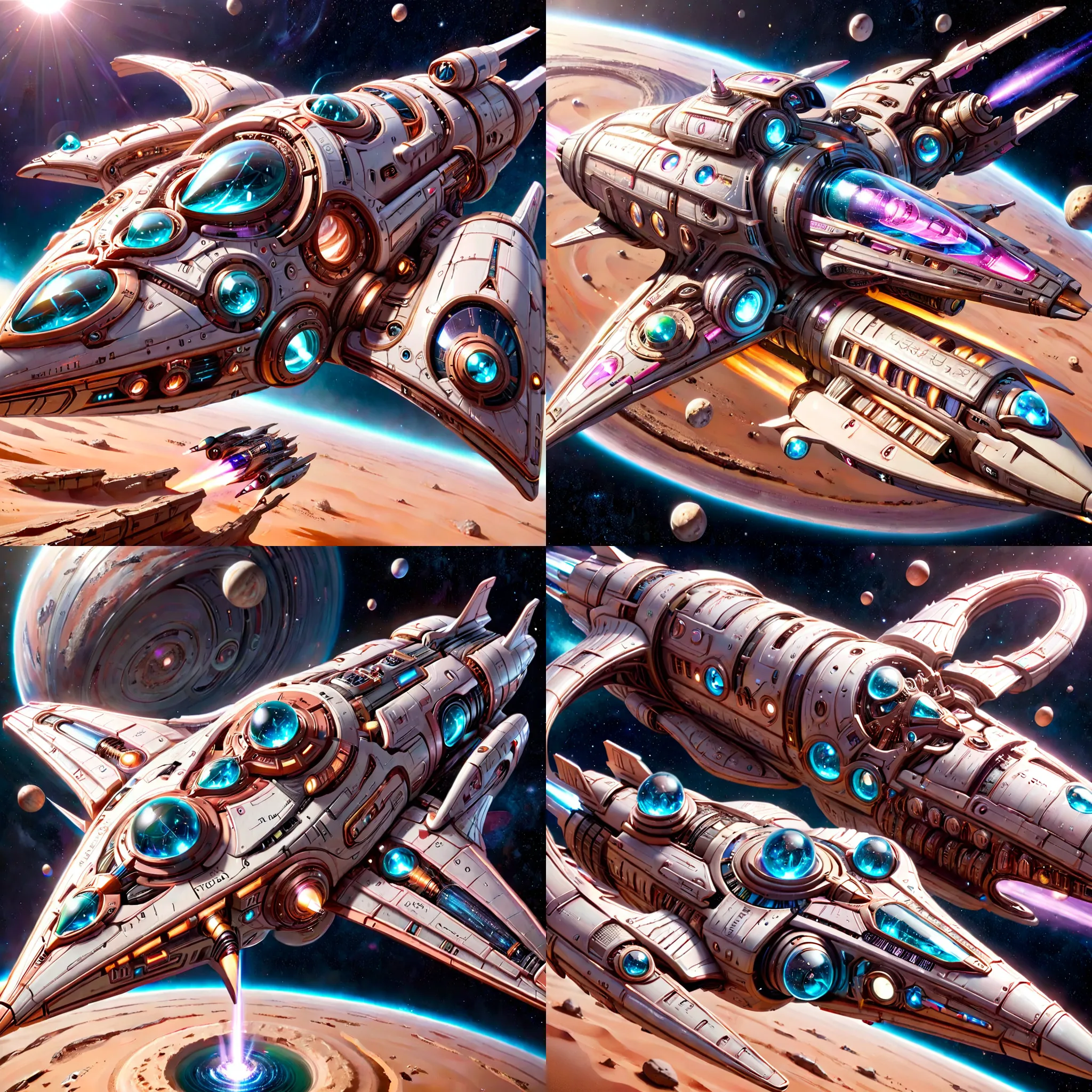 Futuristic, metallic, long, ultra-modern, spaceship, orbiting a desert planet with Wizard Core LoRA