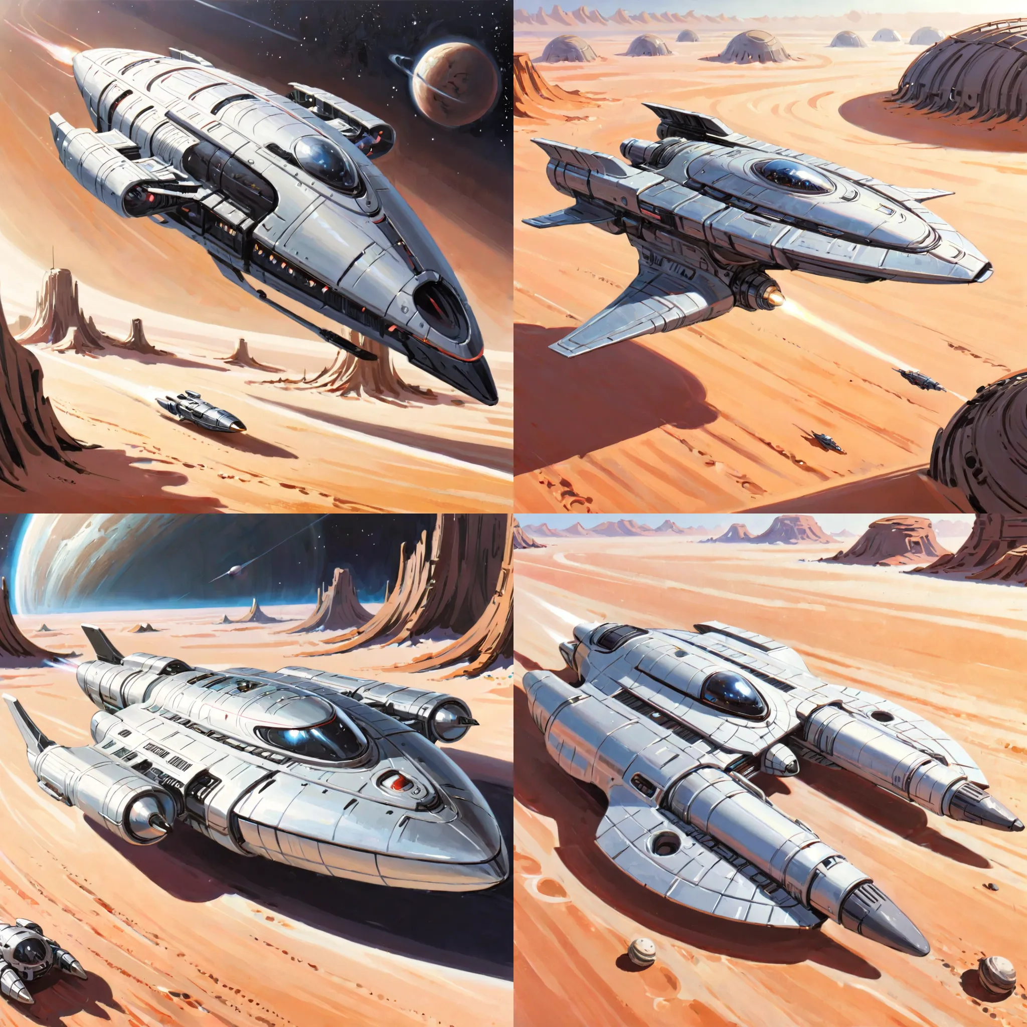 Futuristic, metallic, long, ultra-modern, spaceship, orbiting a desert planet with Ink Drawing LoRA