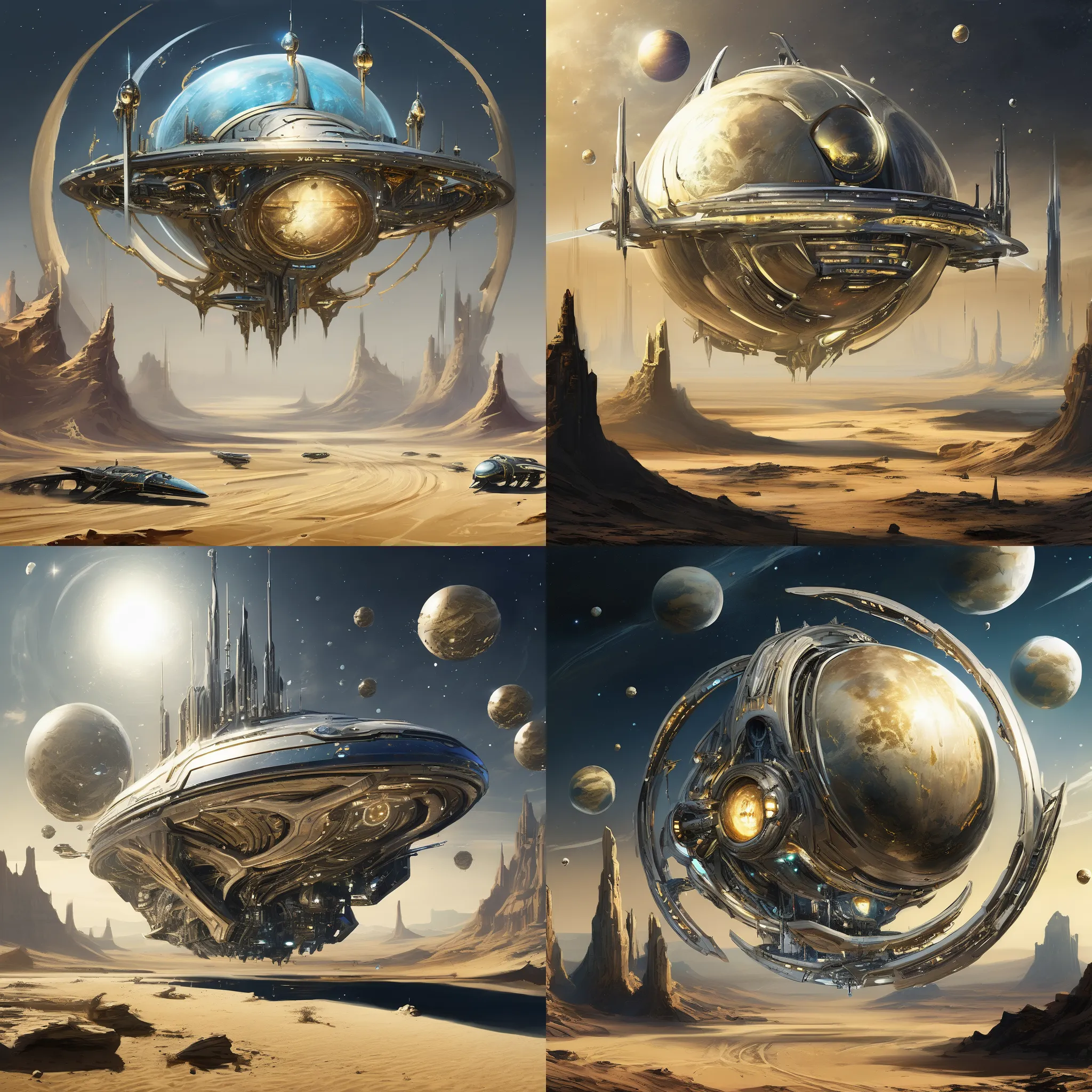 Futuristic, metallic, long, ultra-modern, spaceship, orbiting a desert planet with Aether Punk LoRA