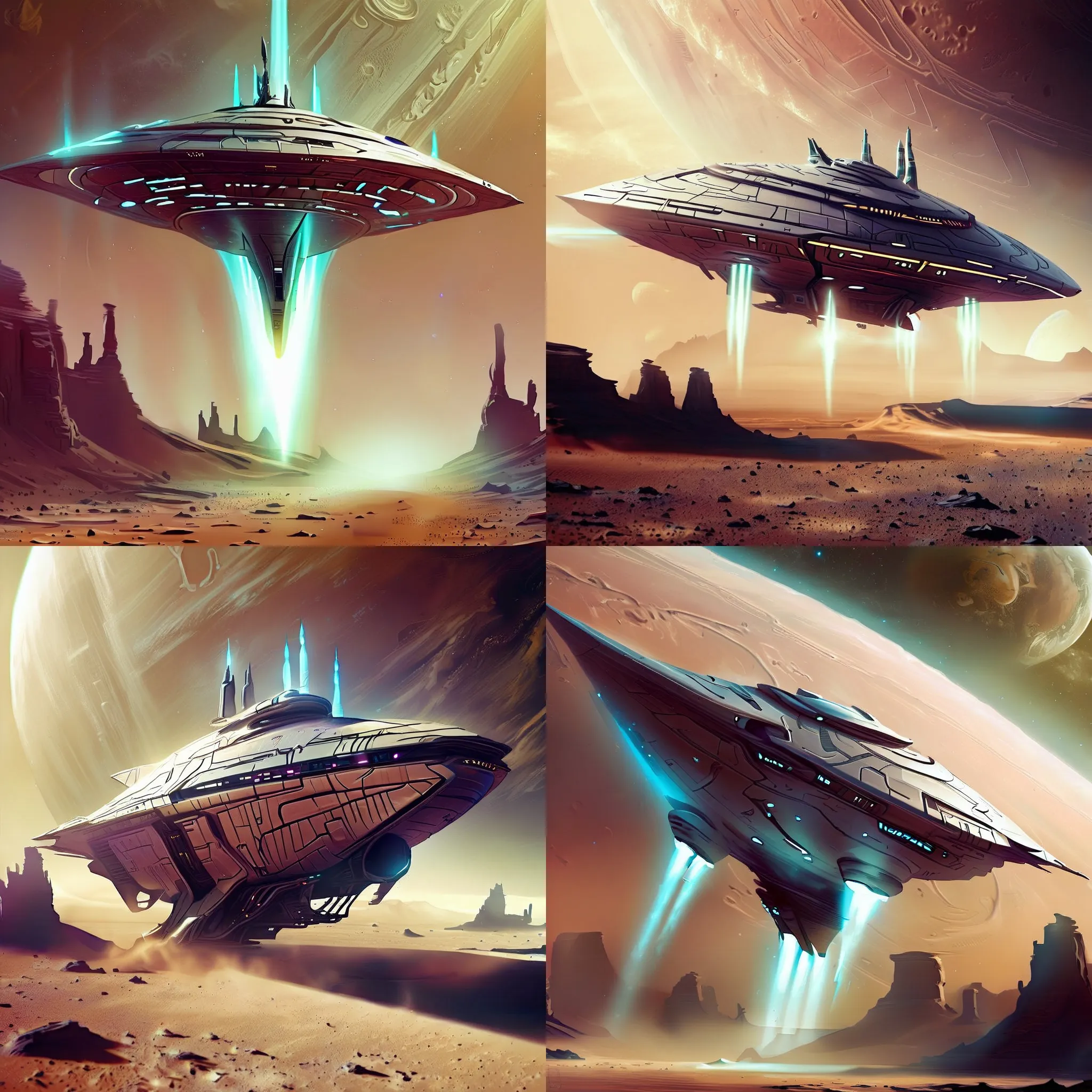 Futuristic, metallic, long, ultra-modern, spaceship, orbiting a desert planet with Magic LoRA
