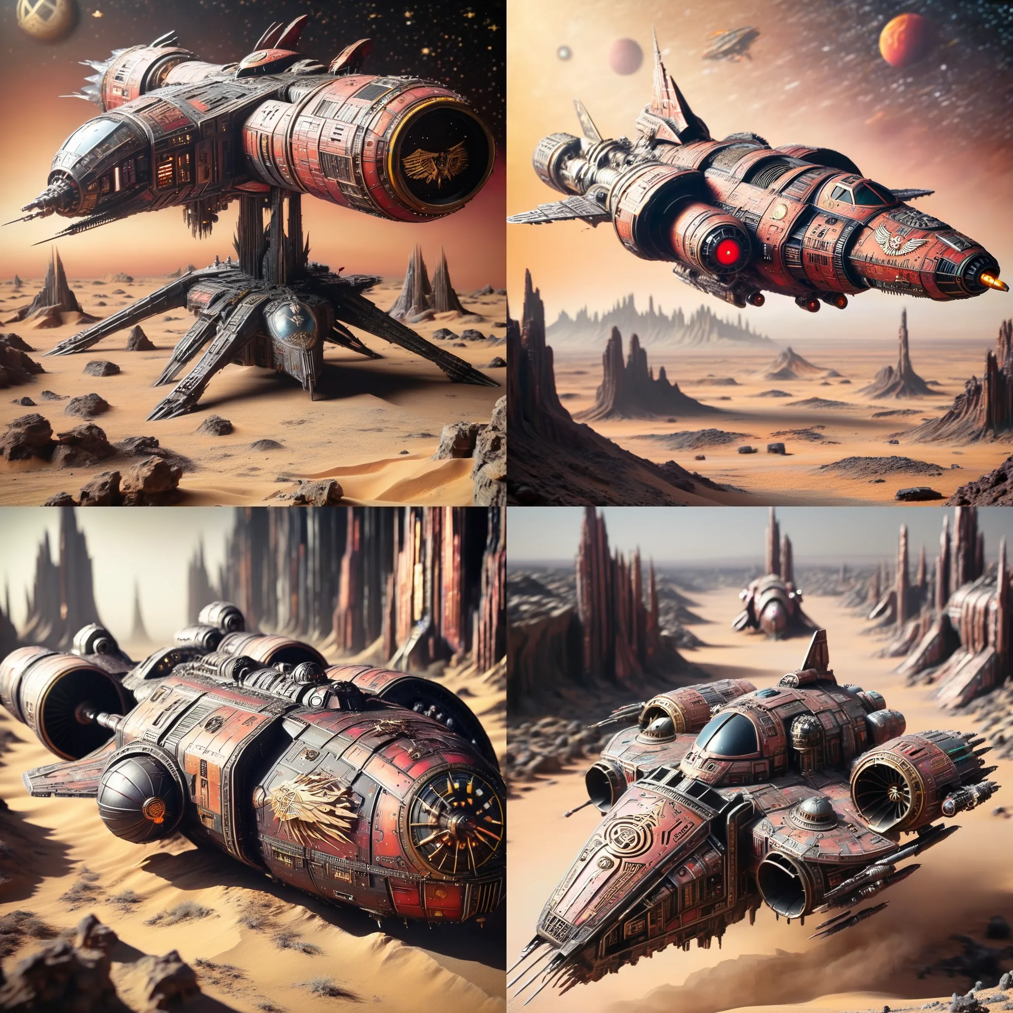 Futuristic, metallic, long, ultra-modern, spaceship, orbiting a desert planet with Mechanicus LoRA
