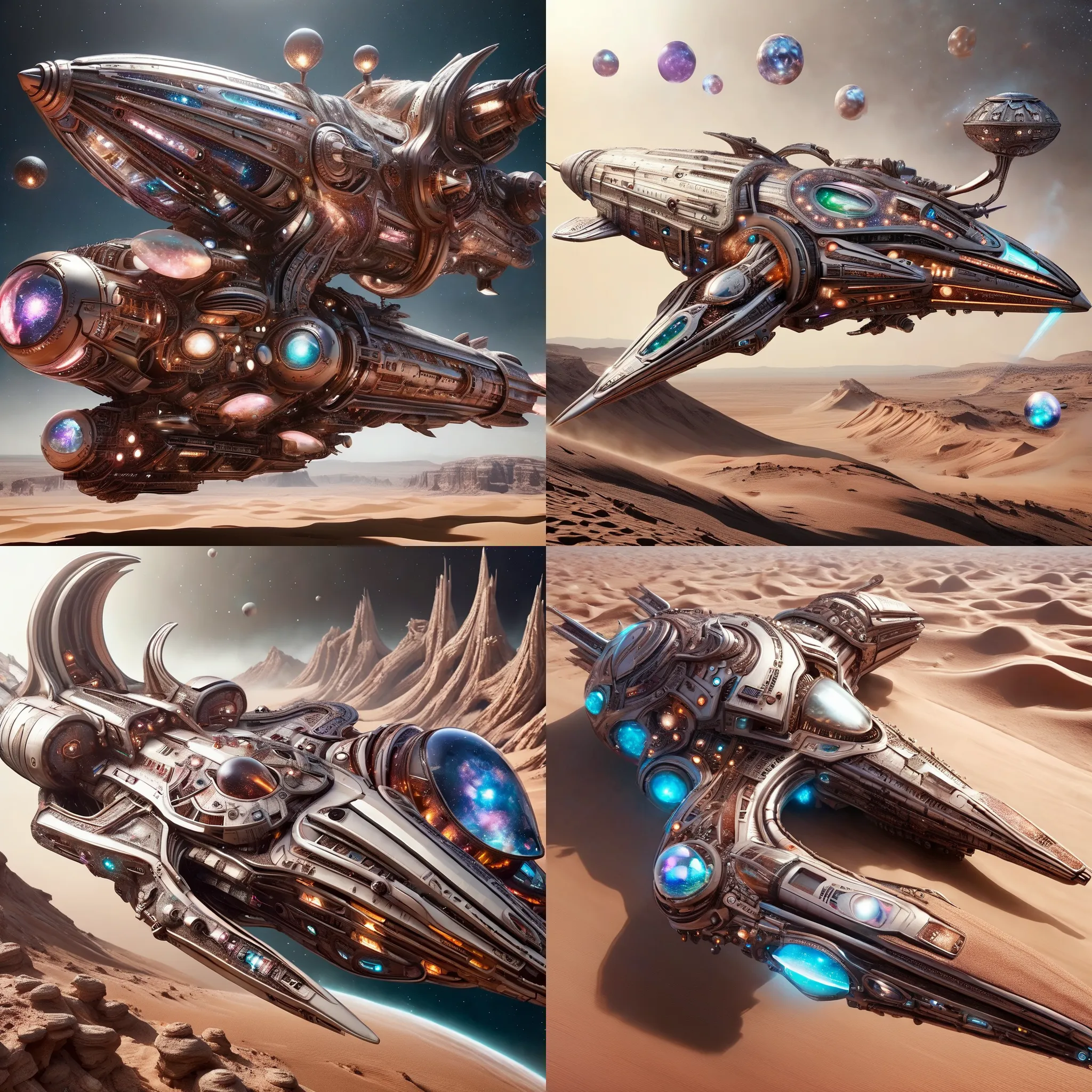 Futuristic, metallic, long, ultra-modern, spaceship, orbiting a desert planet with Wizard Core LoRA