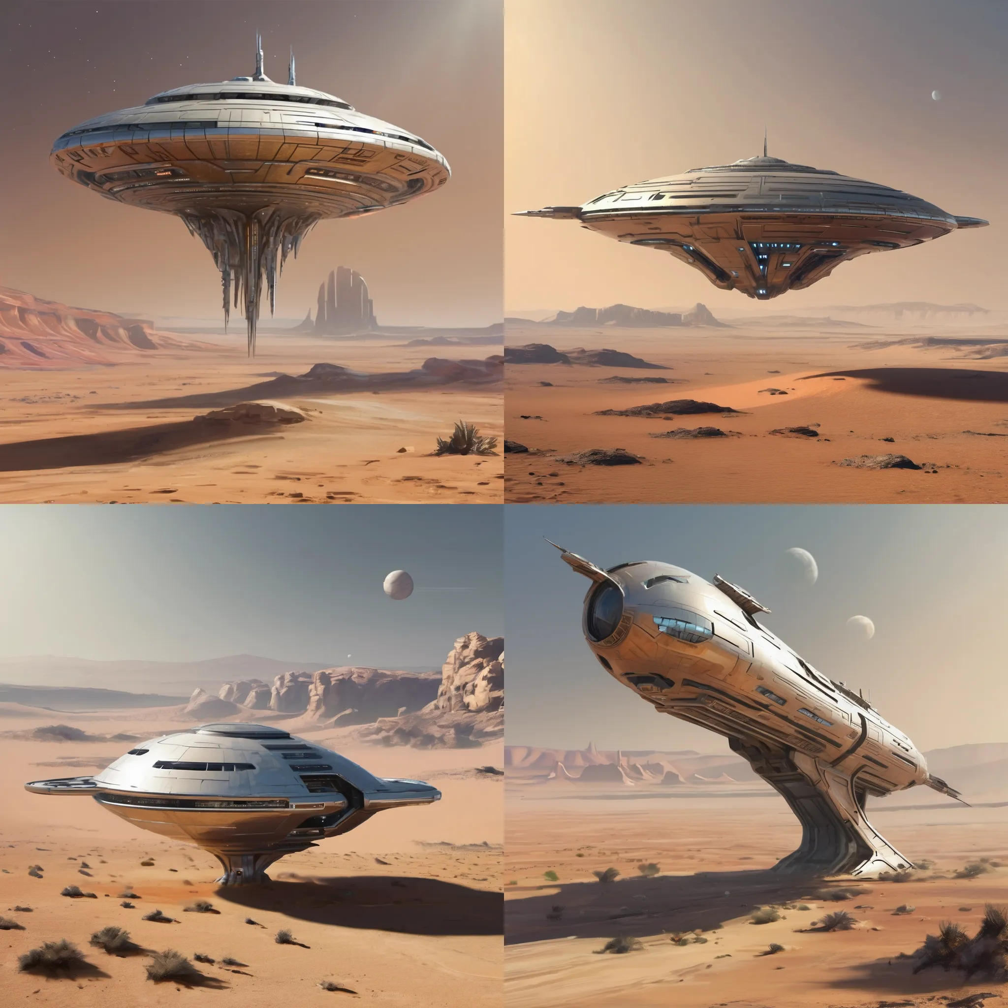 Futuristic, metallic, long, ultra-modern, spaceship, orbiting a desert planet with Water color LoRA