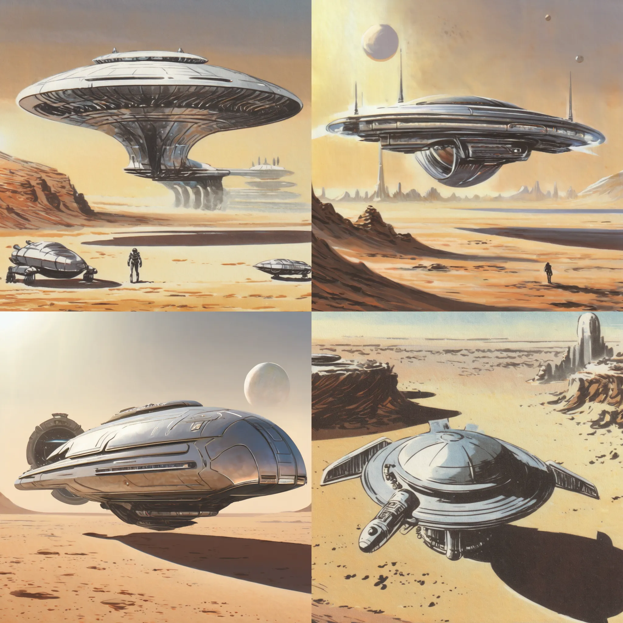 Futuristic, metallic, long, ultra-modern, spaceship, orbiting a desert planet with Ink Drawing LoRA