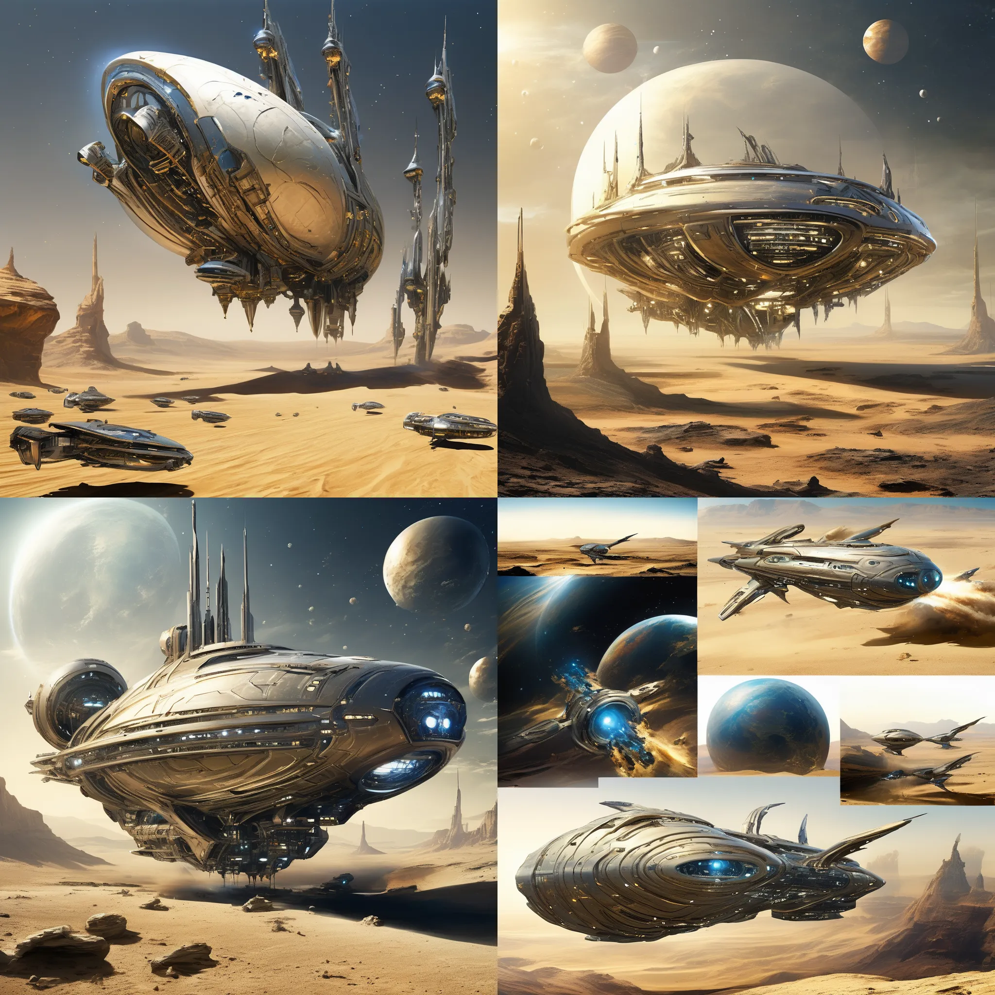 Futuristic, metallic, long, ultra-modern, spaceship, orbiting a desert planet with Aether Punk LoRA