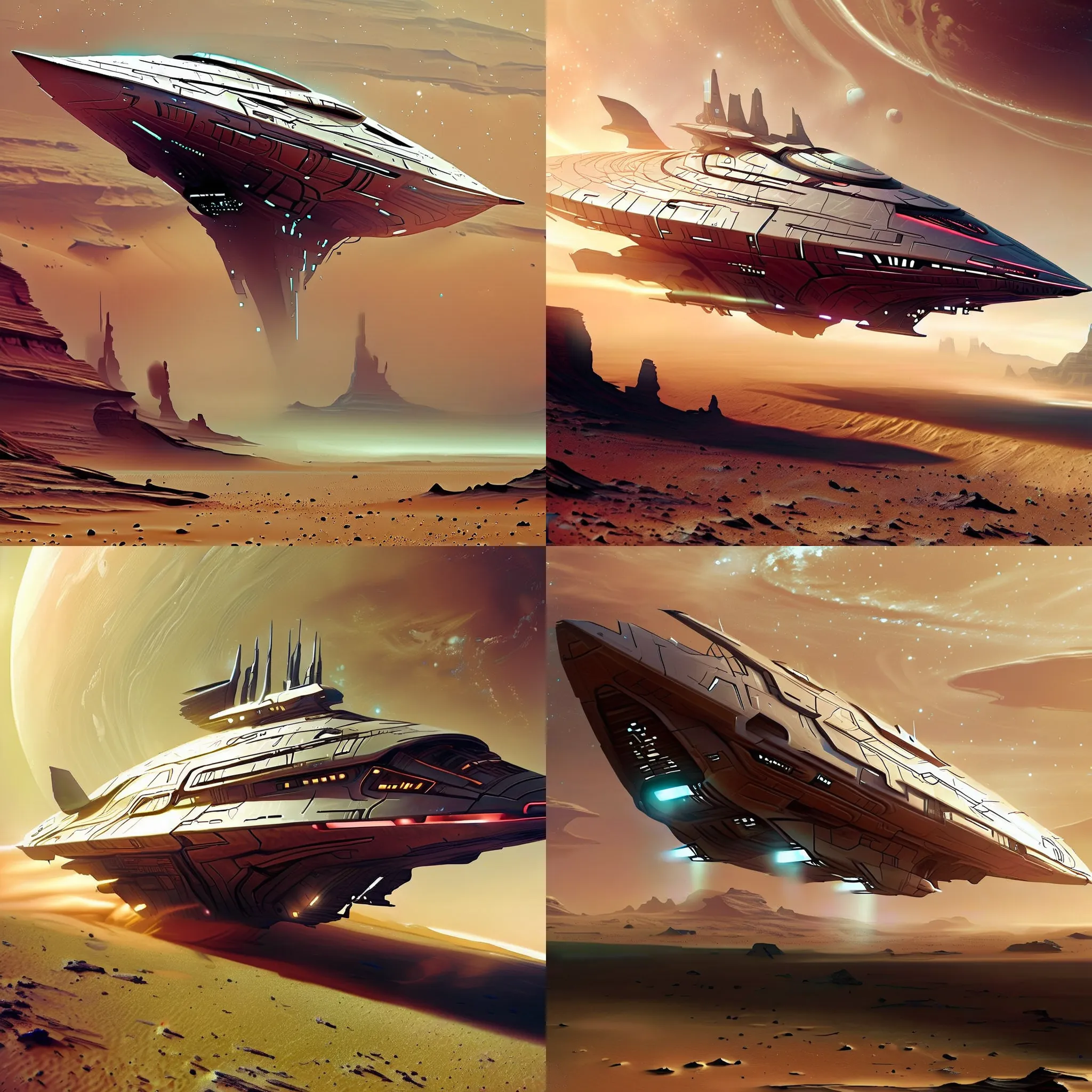 Futuristic, metallic, long, ultra-modern, spaceship, orbiting a desert planet with Magic LoRA