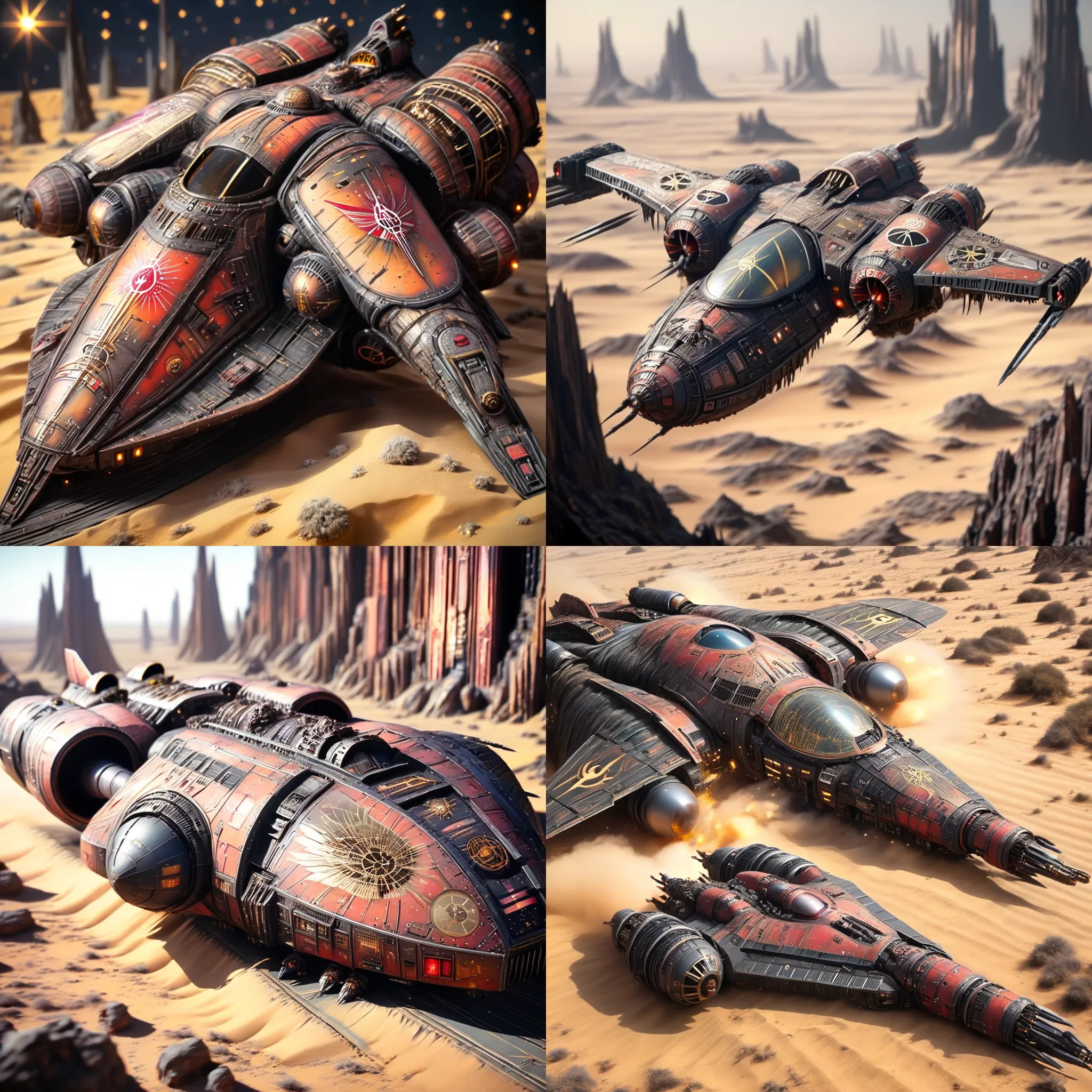 Futuristic, metallic, long, ultra-modern, spaceship, orbiting a desert planet with Mechanicus LoRA