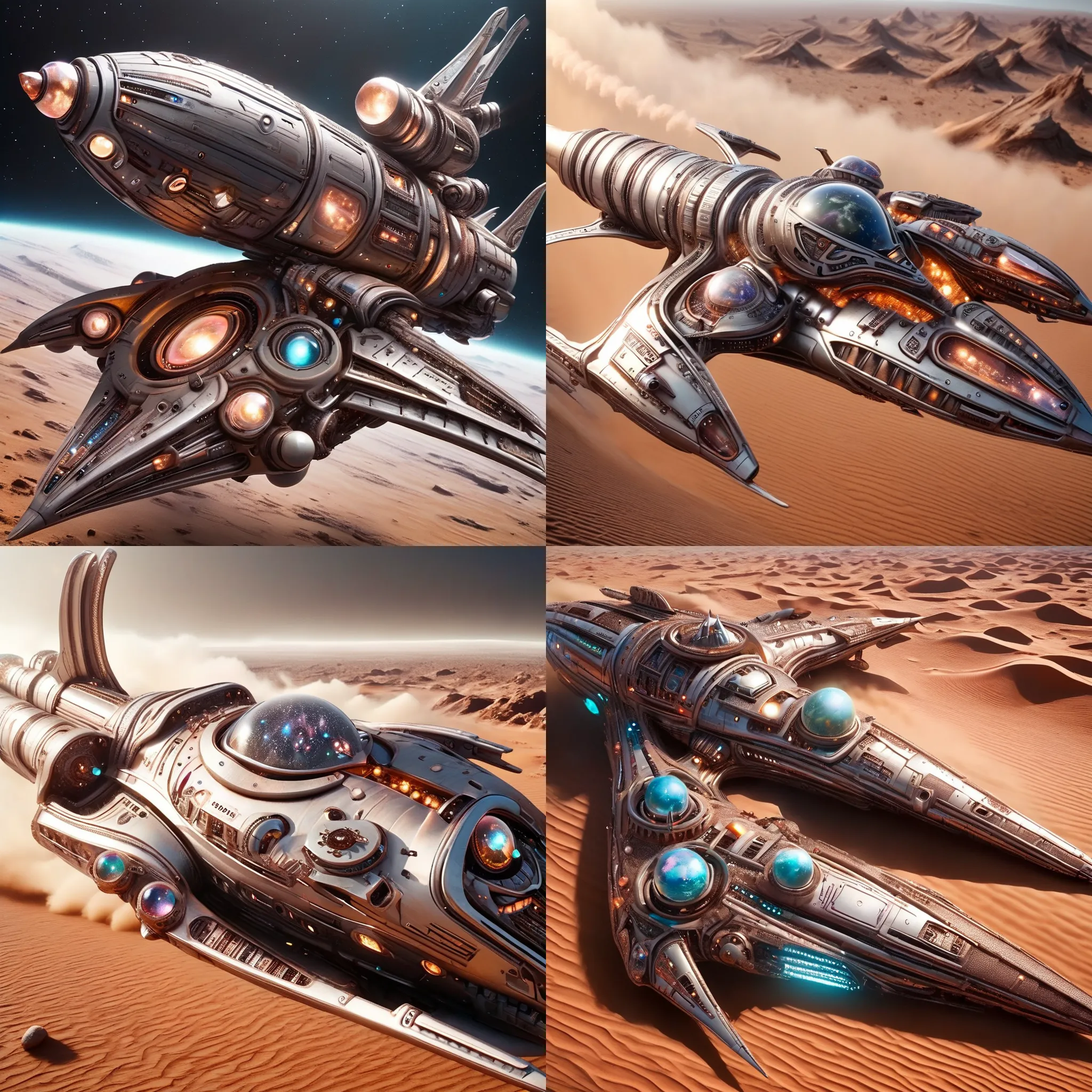 Futuristic, metallic, long, ultra-modern, spaceship, orbiting a desert planet with Wizard Core LoRA